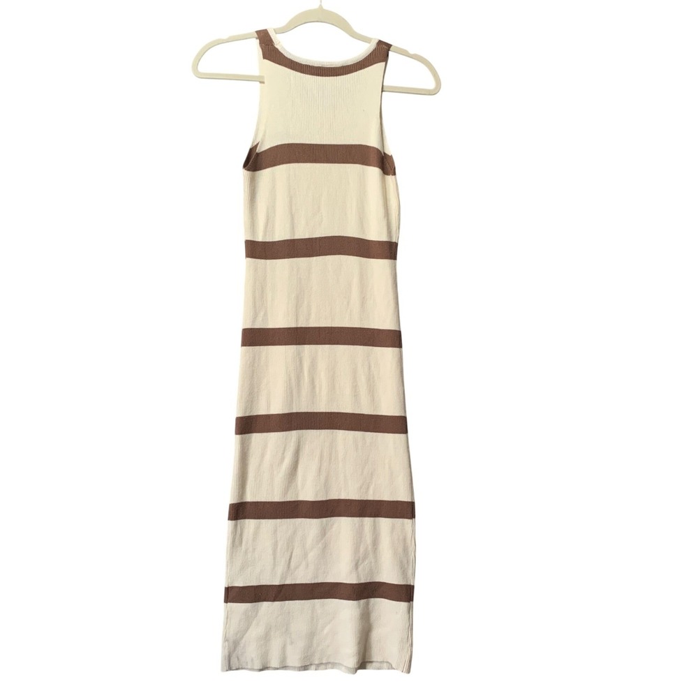 Mahina Womens Ribbed Knit Striped Midi Dress Cream Brown Sleeveless JD6148 Small